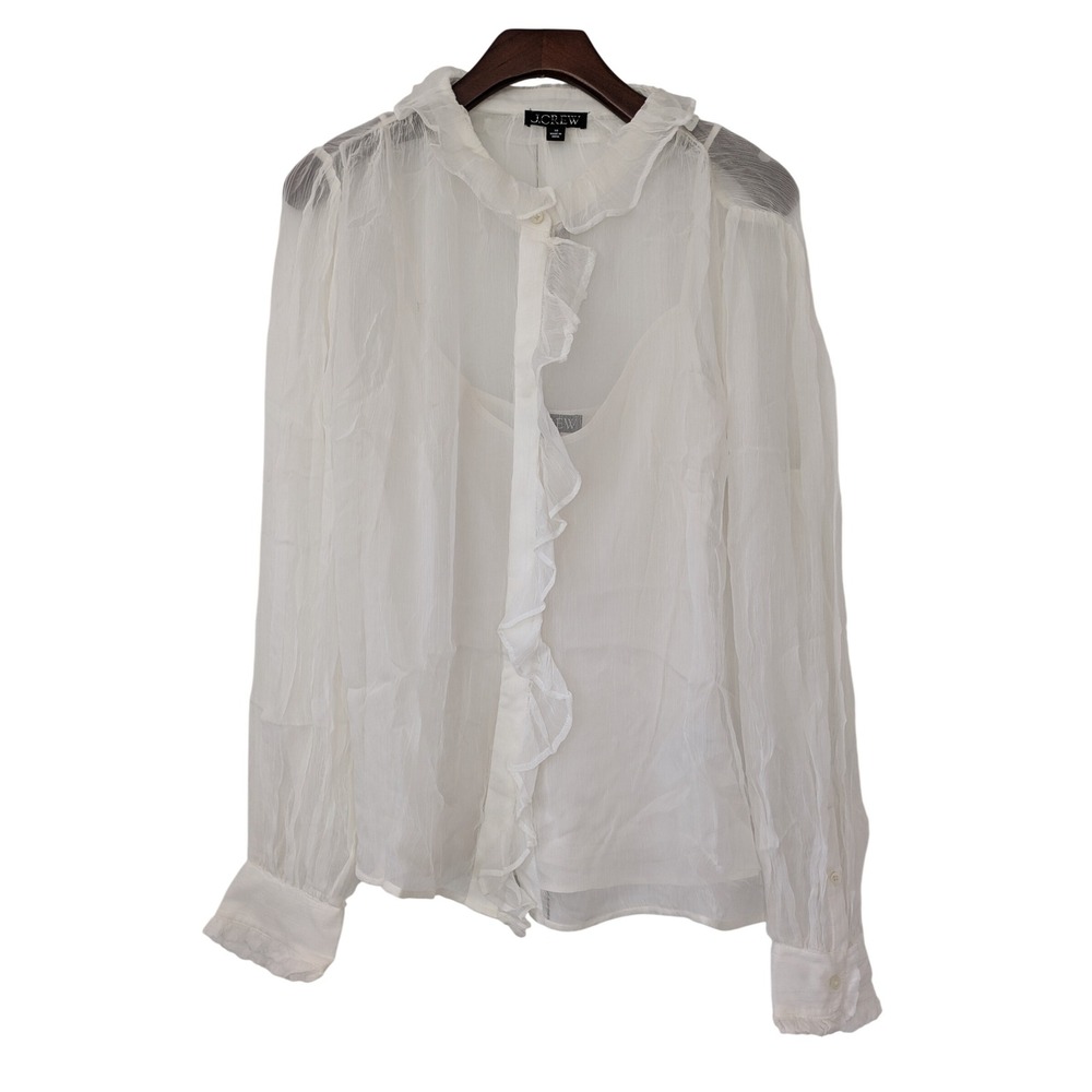 J.‎ Crew Ruffle Button-Up Shirt in Crinkle Chiffon Size 10 Ivory NWT CF436